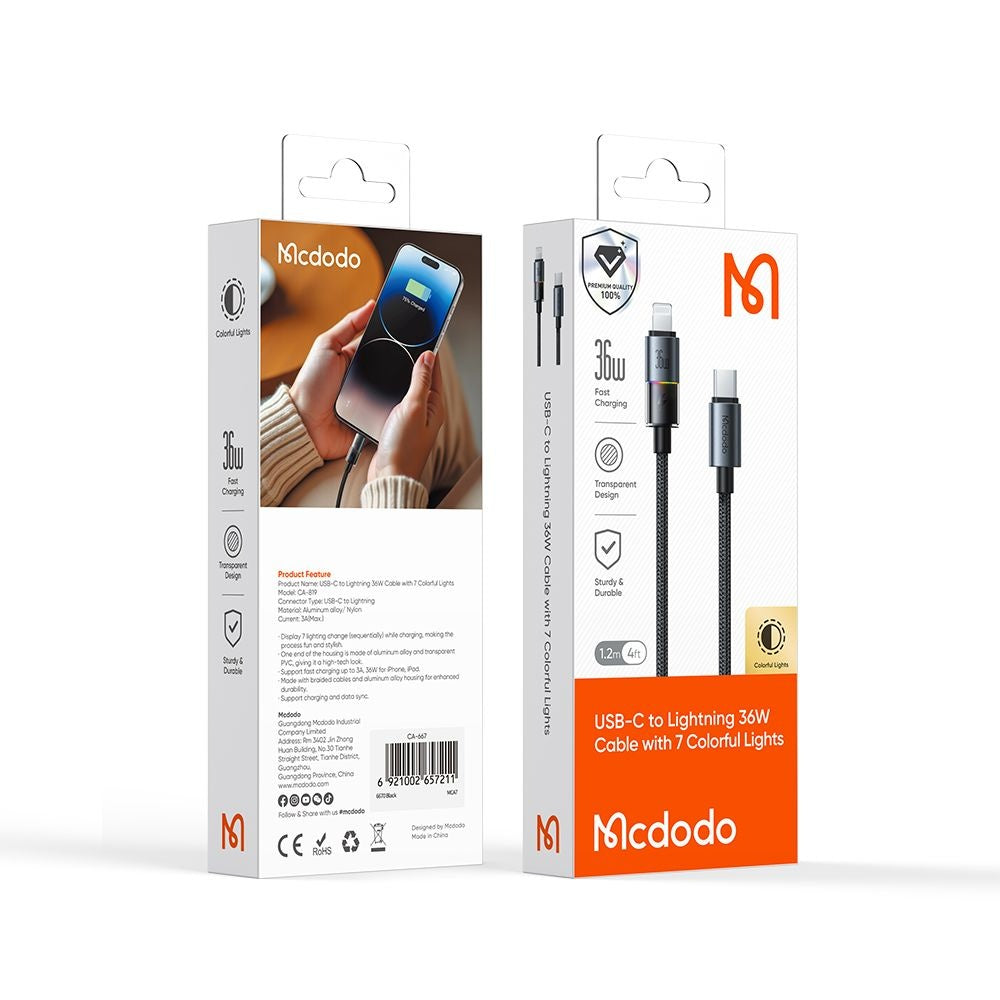 USB-C - Lightning McDodo CA-8190 Colorful -data- ja latauskaapeli, 36W, 1.2m, Musta