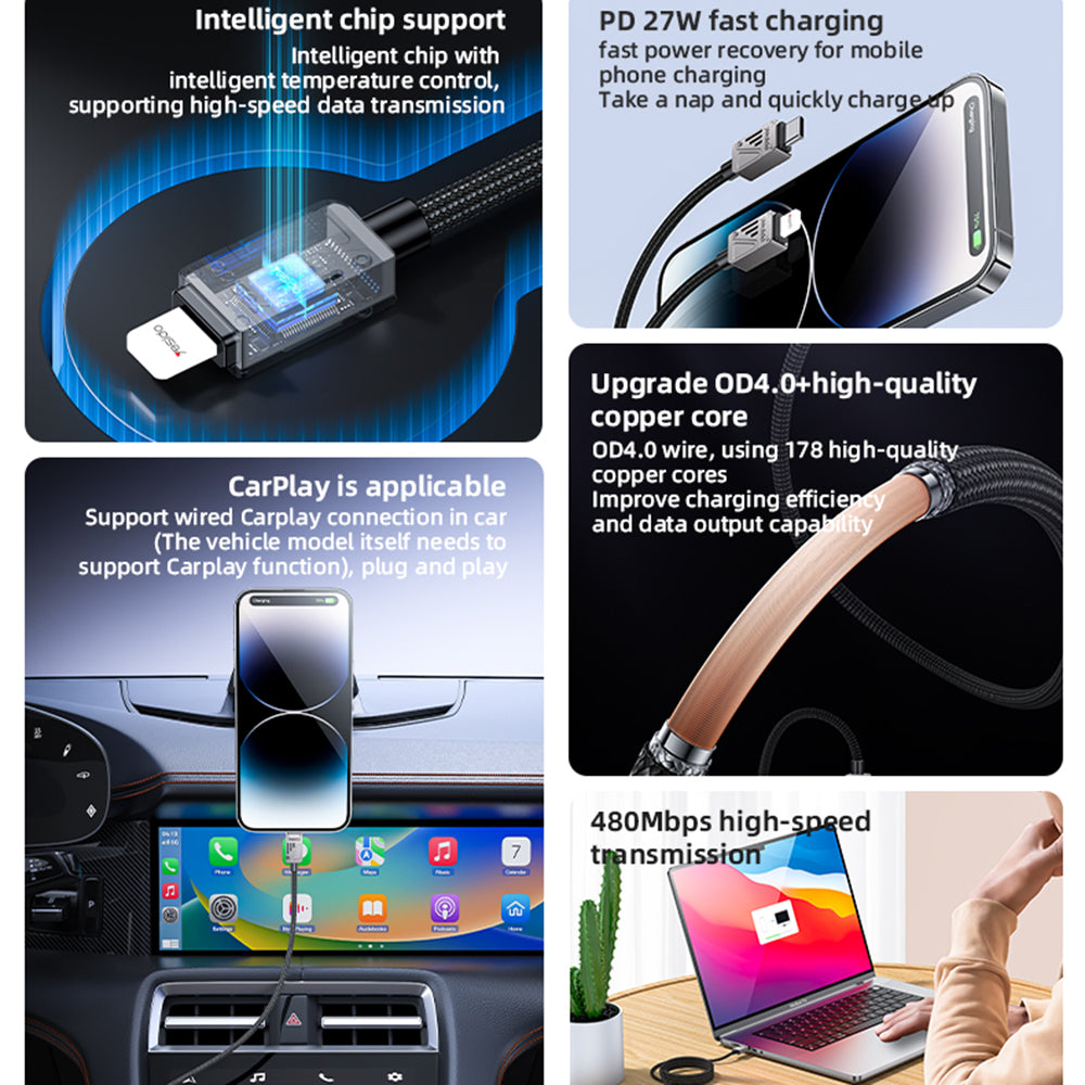 USB-C to Lightning Data and Charging Cable Yesido CA195, 27W, 1.2m, Black