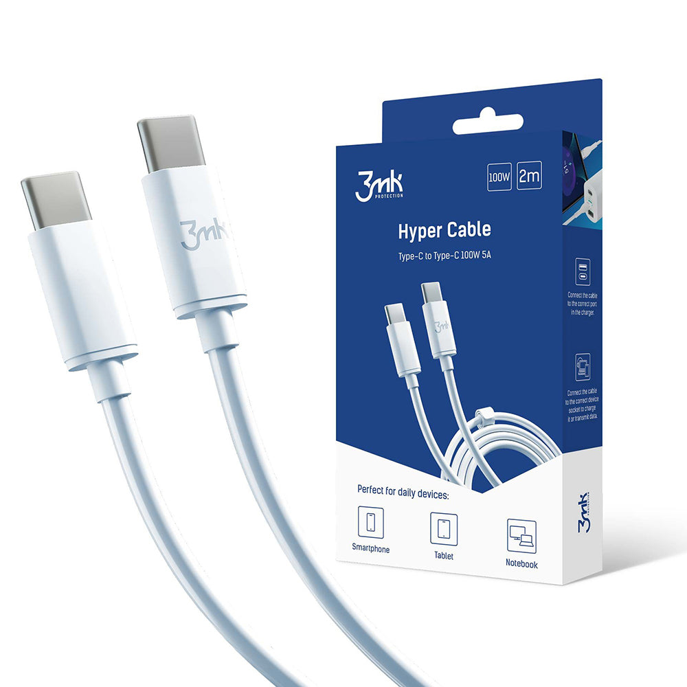 USB-C-tietojen ja latauksen kaapeli - USB-C 3MK Hyper, 100W, 2m, valkoinen