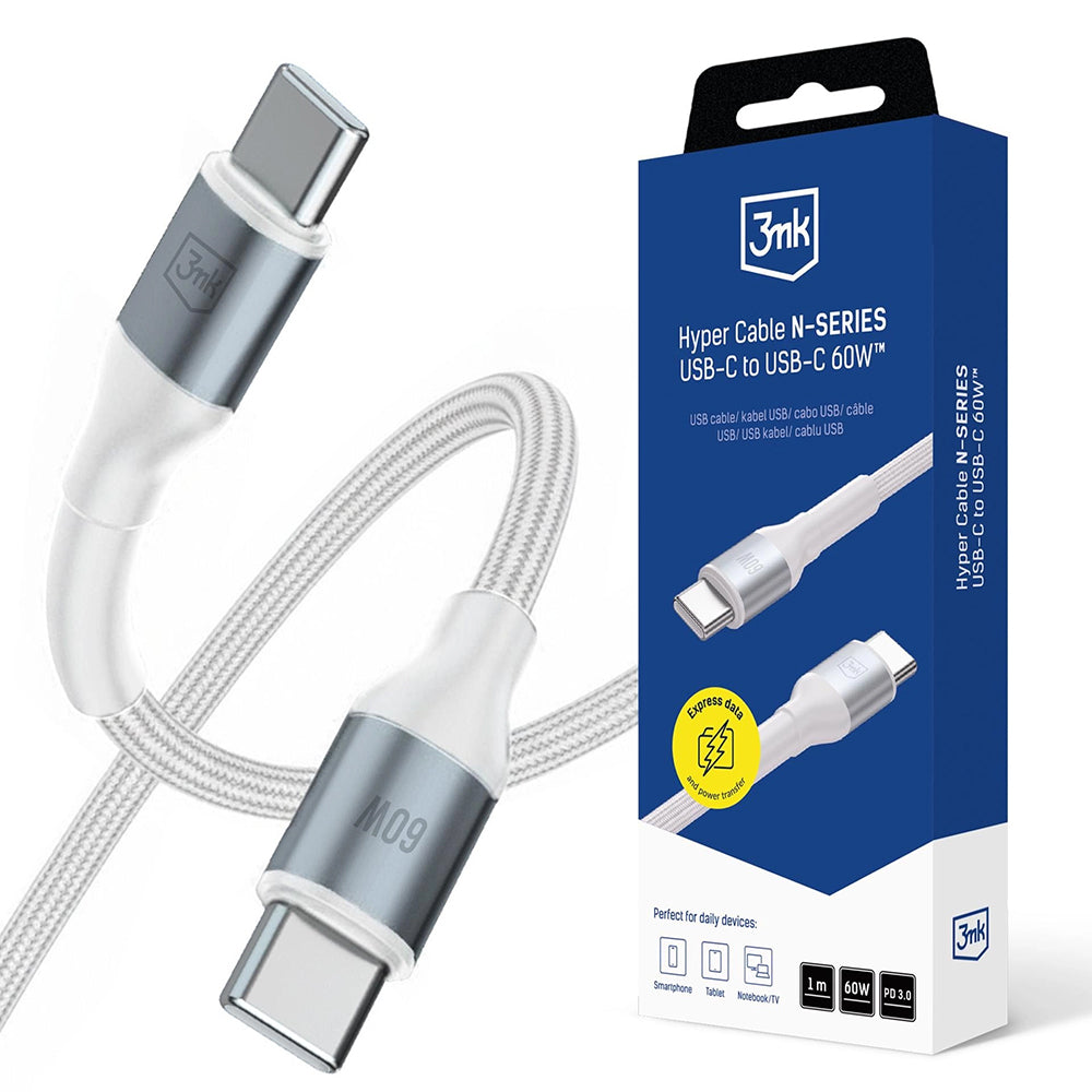 USB-C - USB-C 3MK Hyper N -data- ja latauskaapeli, 60W, 1m, Valkoinen