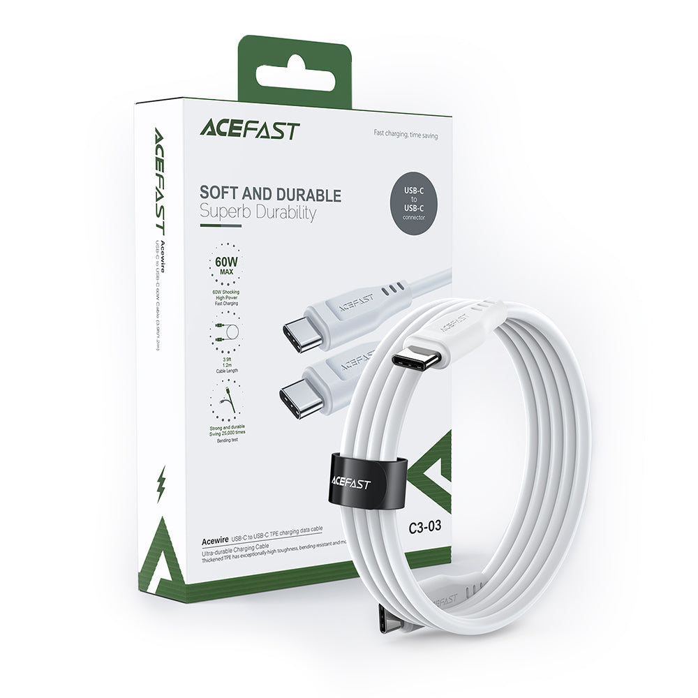 USB-C - USB-C Acefast C3-03 -data- ja latauskaapeli, 60W, 1.2m, Valkoinen