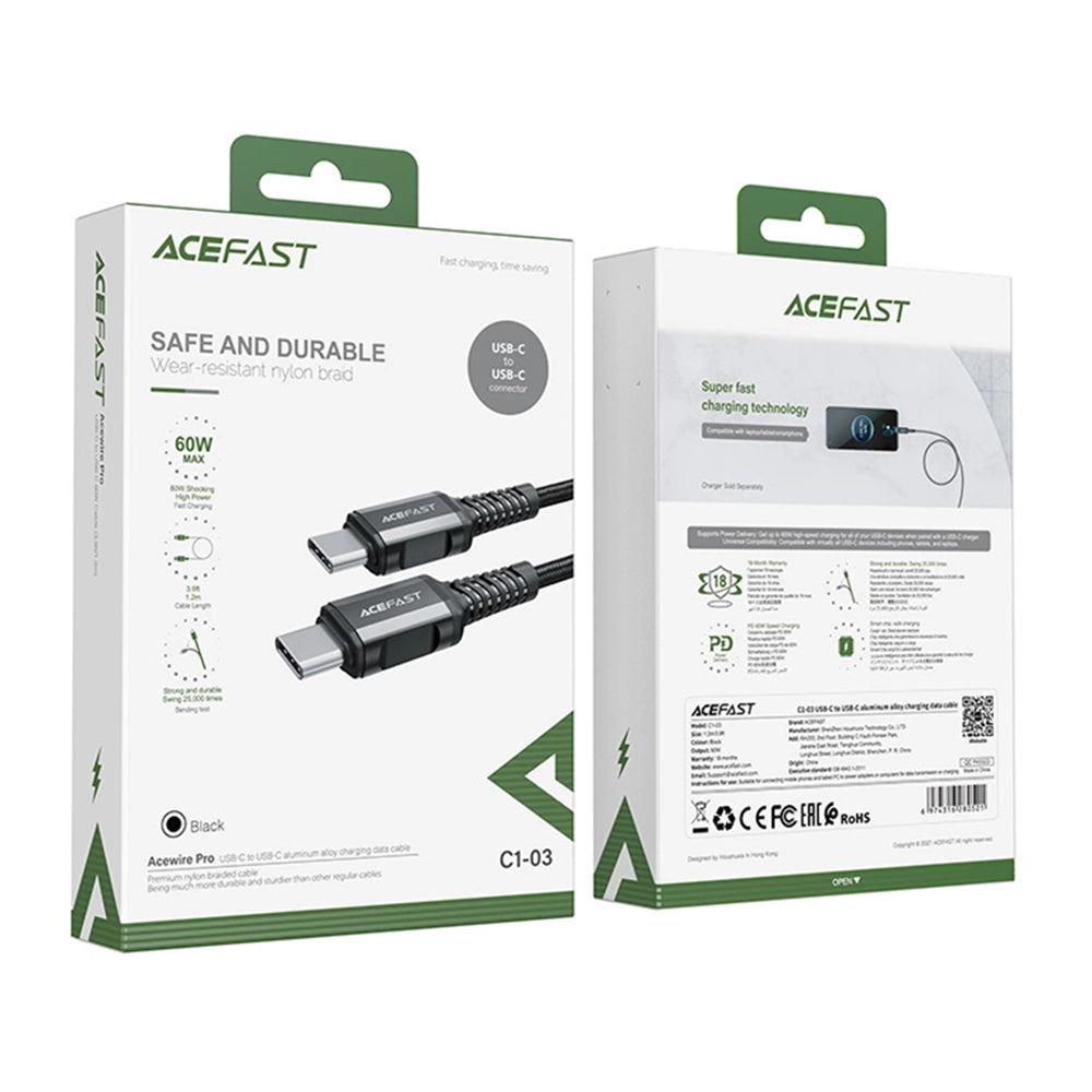 USB-C - USB-C Acefast C1-03 Data- ja Latauskaapeli, 60W, 1.2m, Musta