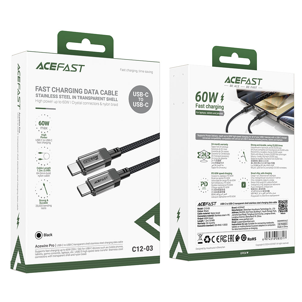 USB-C Data and Charging Cable - USB-C Acefast C12-03, 60W, 1.2m, Black