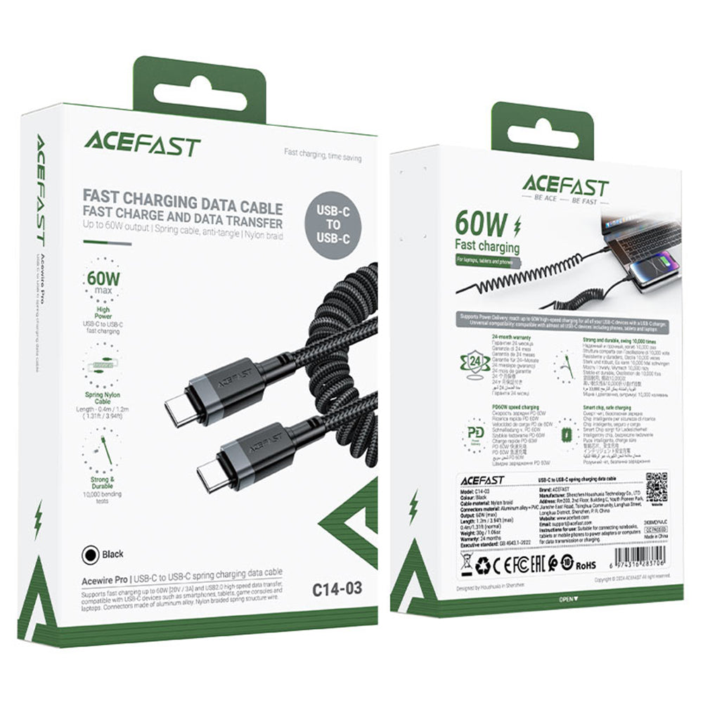 USB-C - USB-C Acefast C14-03 Data- ja Latauskaapeli, 60W, 1.2m, Musta