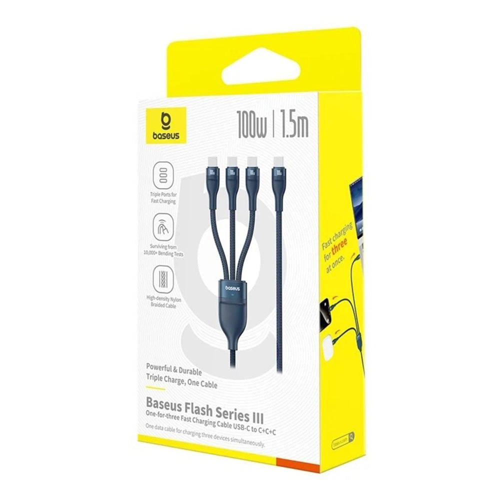 USB-C-latauskaapeli - 3 x USB-C Baseus Flash Series III 3in1, 100W, 1.5m, Sininen P10377503321-00