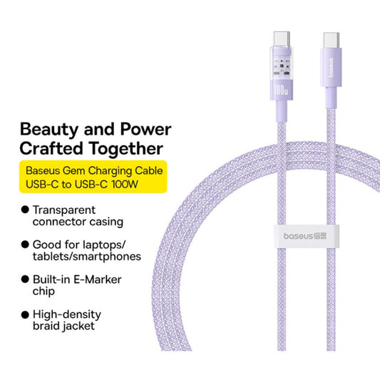 USB-C - USB-C Baseus Gem -data- ja latauskaapeli, 100W, 1m, Violetti P10373000511-00