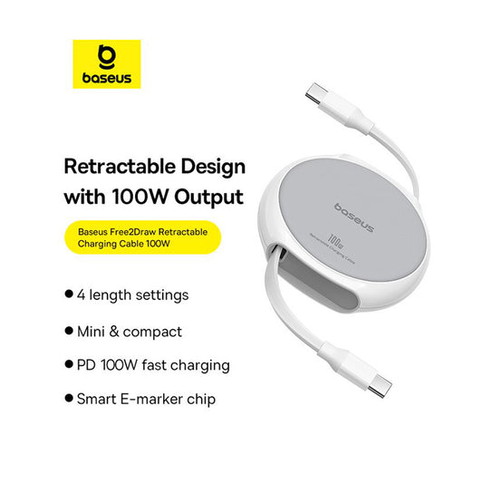 USB-C - USB-C Baseus Pathfinder Retractable -data- ja latauskaapeli, 100W, 1m, Valkoinen P10368400211-00