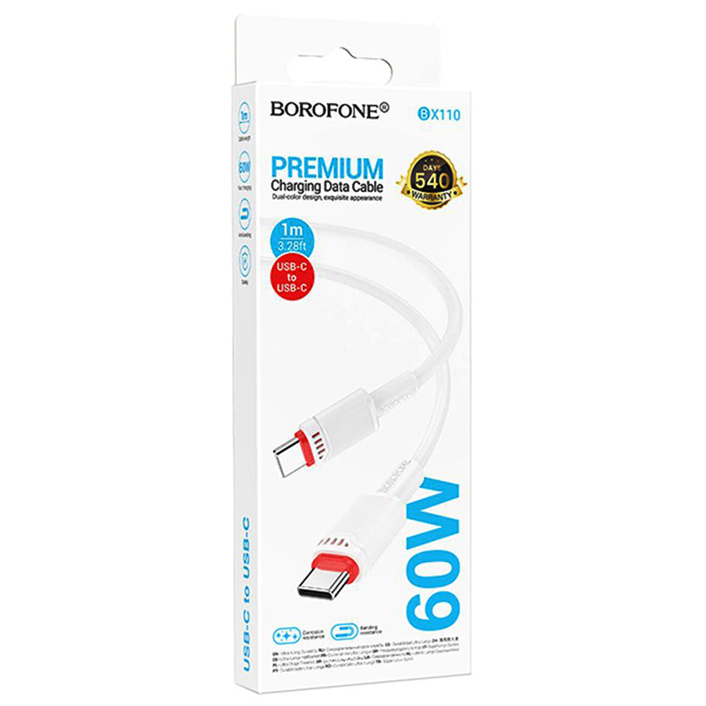 USB-C - USB-C Borofone BX110 Beneficio -data- ja latauskaapeli, 60W, 1m, Valkoinen