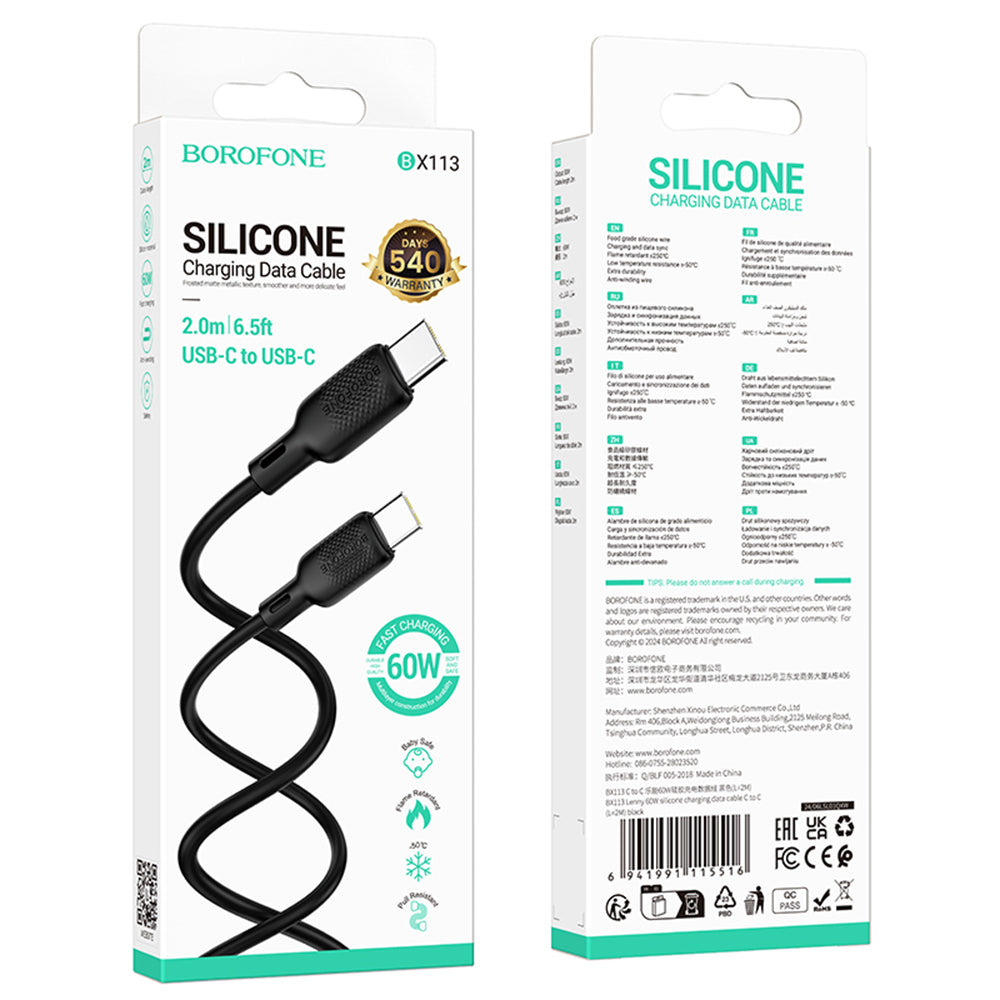 USB-C - USB-C Borofone BX113 Lenny -data- ja latauskaapeli, 60W, 2m, Musta