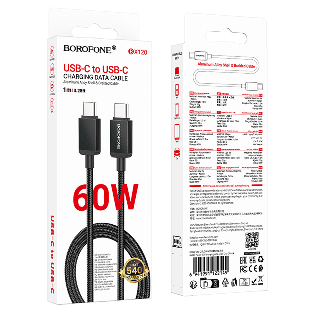 USB-C - USB-C Borofone BX120 Placer -data- ja latauskaapeli, 60W, 1m, Musta