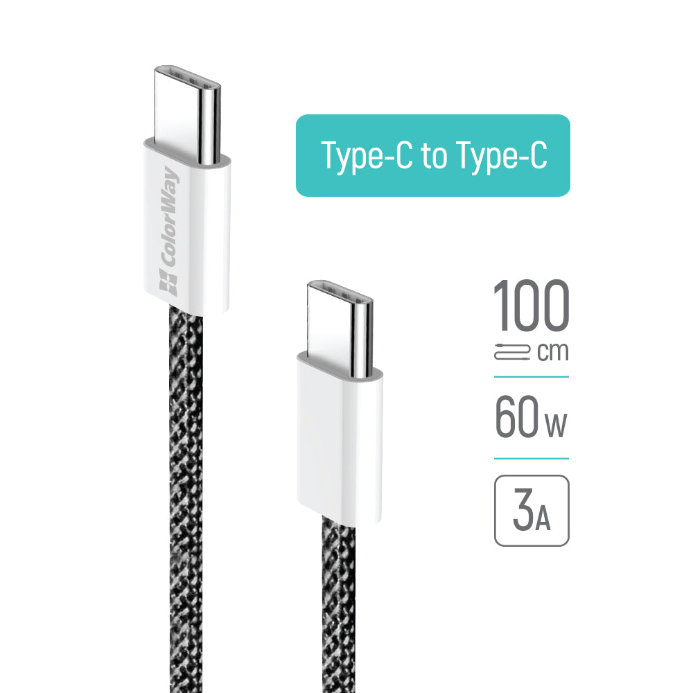 USB-C - USB-C Data- ja Latauskaapeli ColorWay CW-CBPDCC061, 60W, 1m, Musta