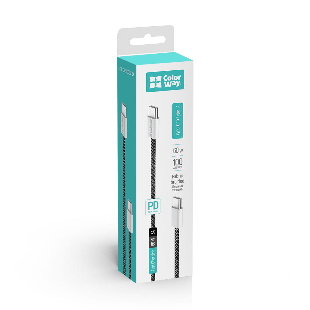 USB-C - USB-C Data- ja Latauskaapeli ColorWay CW-CBPDCC061, 60W, 1m, Musta