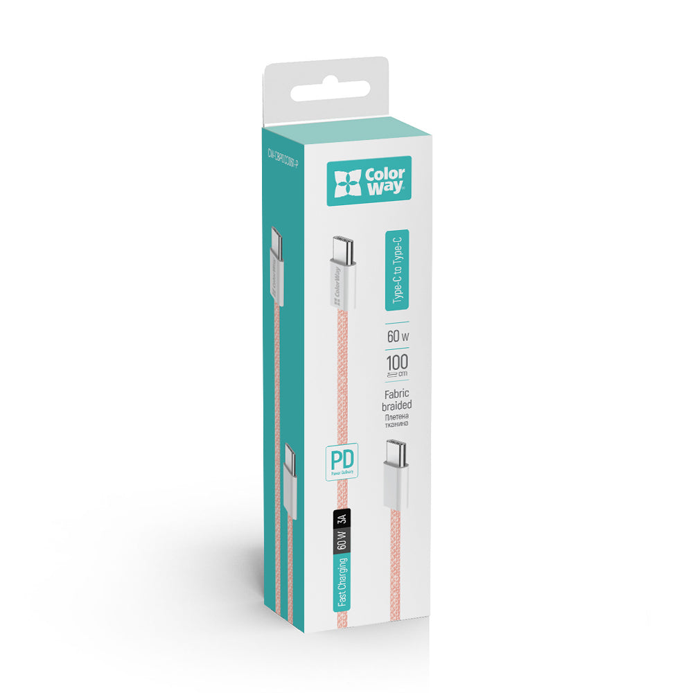 USB-C - USB-C -data- ja latauskaapeli ColorWay CW-CBPDCC061, 60W, 1m, Pinkki