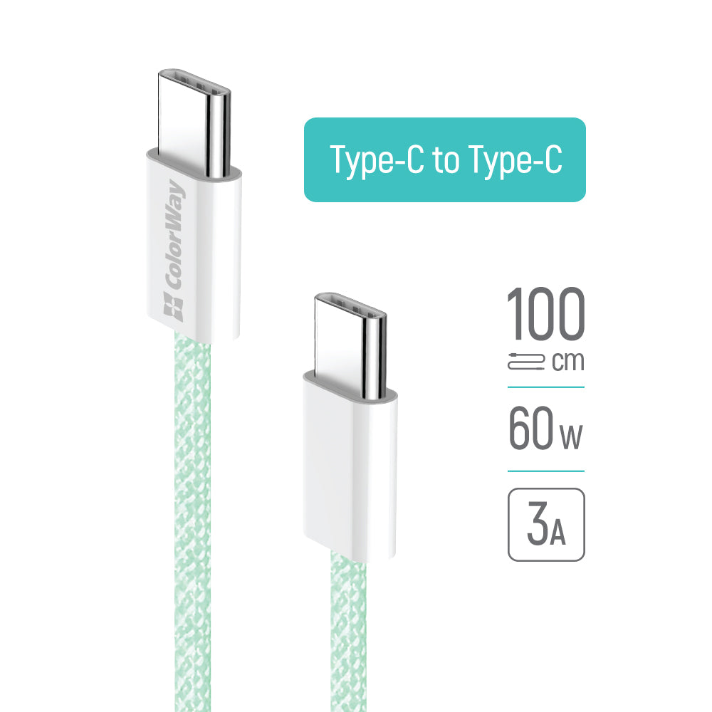 USB-C - USB-C -data- ja latauskaapeli ColorWay CW-CBPDCC061, 60W, 1m, Vihreä