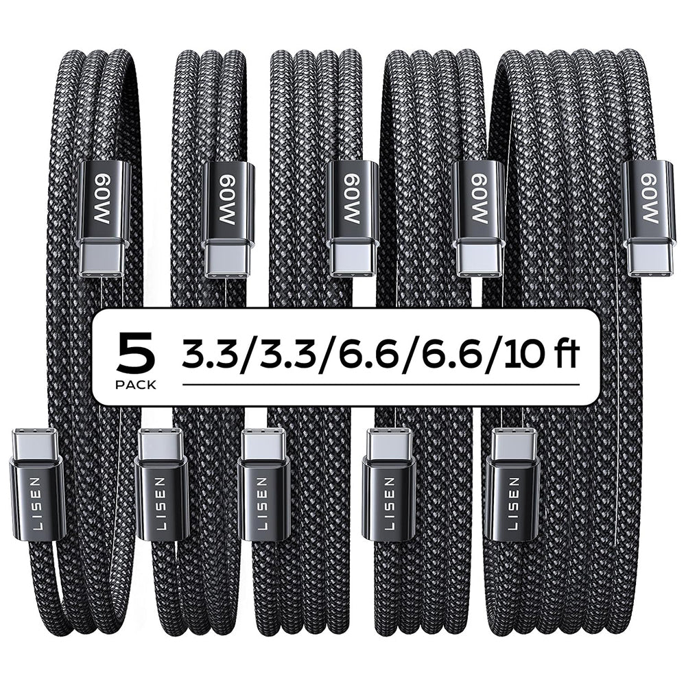 USB-C - USB-C Lisen Data- ja Latauskaapeli, 60W, 5 kappaleen setti (2 x 1m, 2 x 2m, 1 x 3m), Musta YL0123070010