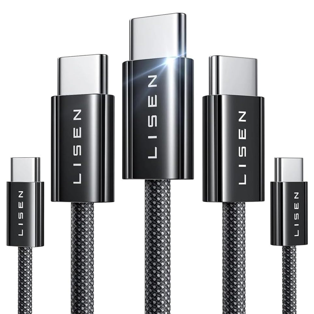 USB-C - USB-C Lisen Data- ja Latauskaapeli, 60W, 5 kappaleen setti (2 x 1m, 2 x 2m, 1 x 3m), Musta YL0123070010
