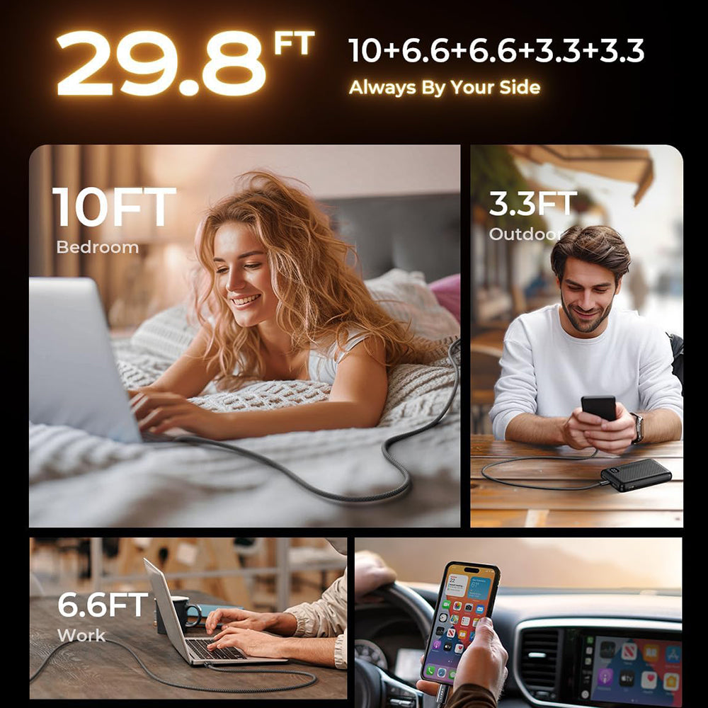USB-C - USB-C Lisen Data- ja Latauskaapeli, 60W, 5 kappaleen setti (2 x 1m, 2 x 2m, 1 x 3m), Musta YL0123070010