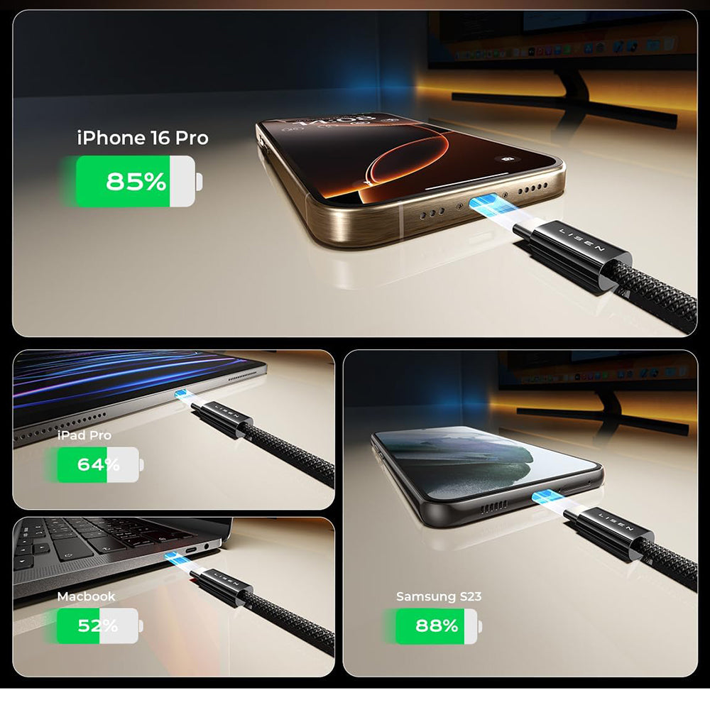 USB-C - USB-C Lisen Data- ja Latauskaapeli, 60W, 5 kappaleen setti (2 x 1m, 2 x 2m, 1 x 3m), Musta YL0123070010