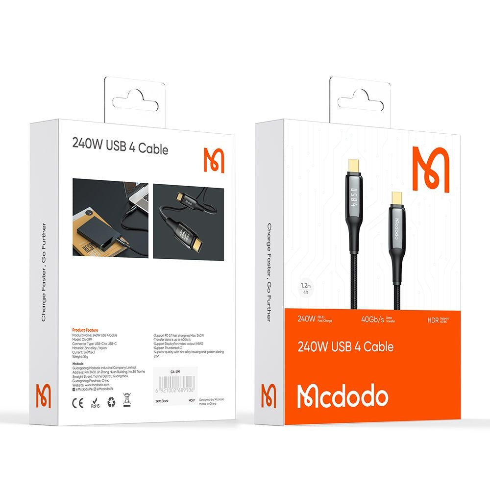 USB-C - USB-C McDodo CA-2990 Data- ja Latauskaapeli, 240W, 1.2m, Musta