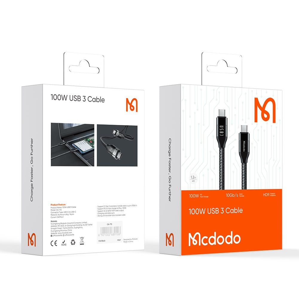 USB-C - USB-C McDodo CA-7132 -data- ja latauskaapeli, 100W, 1.2m, Musta