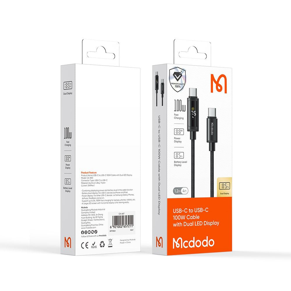 USB-C - USB-C McDodo CA-8000 Display -data- ja latauskaapeli, 100W, 1.2m, Musta