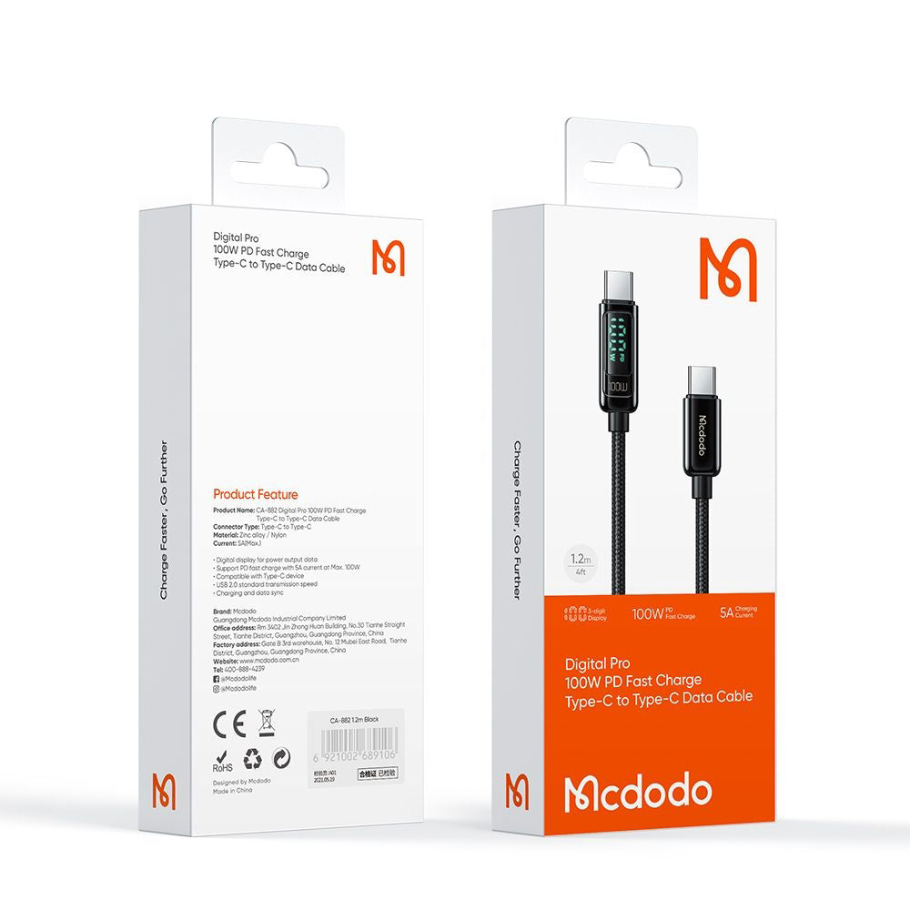 USB-C - USB-C McDodo CA-8820 Display -data- ja latauskaapeli, 100W, 1.2m, Musta