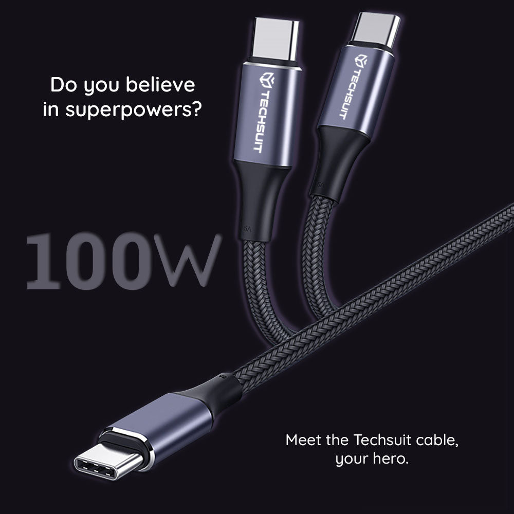 USB-C - USB-C Techsuit PCB018 -data- ja latauskaapeli, 100W, 1m, Musta