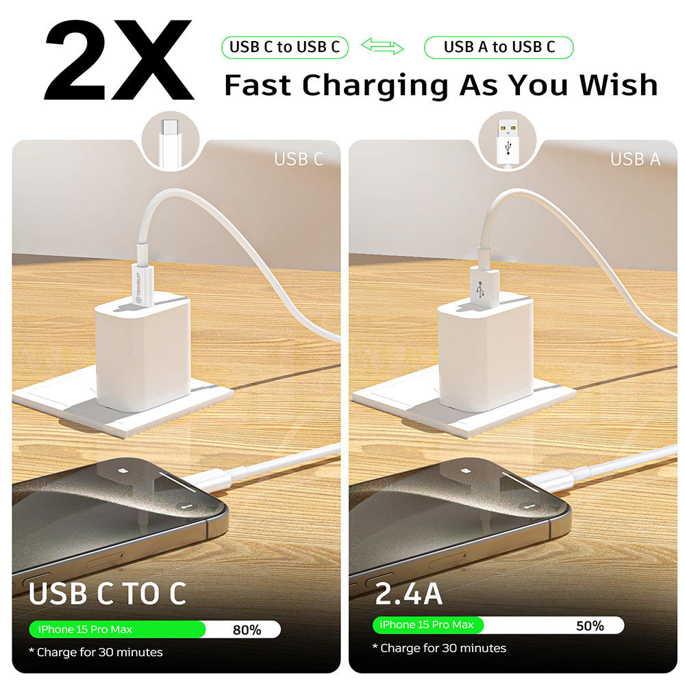 USB-C - USB-C Techsuit PCB130 -data- ja latauskaapeli, 60W, 1m, Valkoinen
