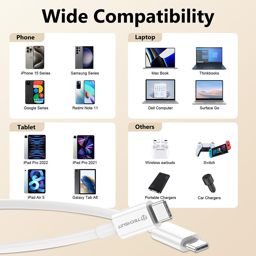 USB-C - USB-C Techsuit PCB130 -data- ja latauskaapeli, 60W, 1m, Valkoinen