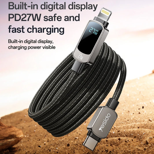 USB-C - USB-C Yesido CA180 Display -data- ja latauskaapeli, 27W, 1.2m, Musta