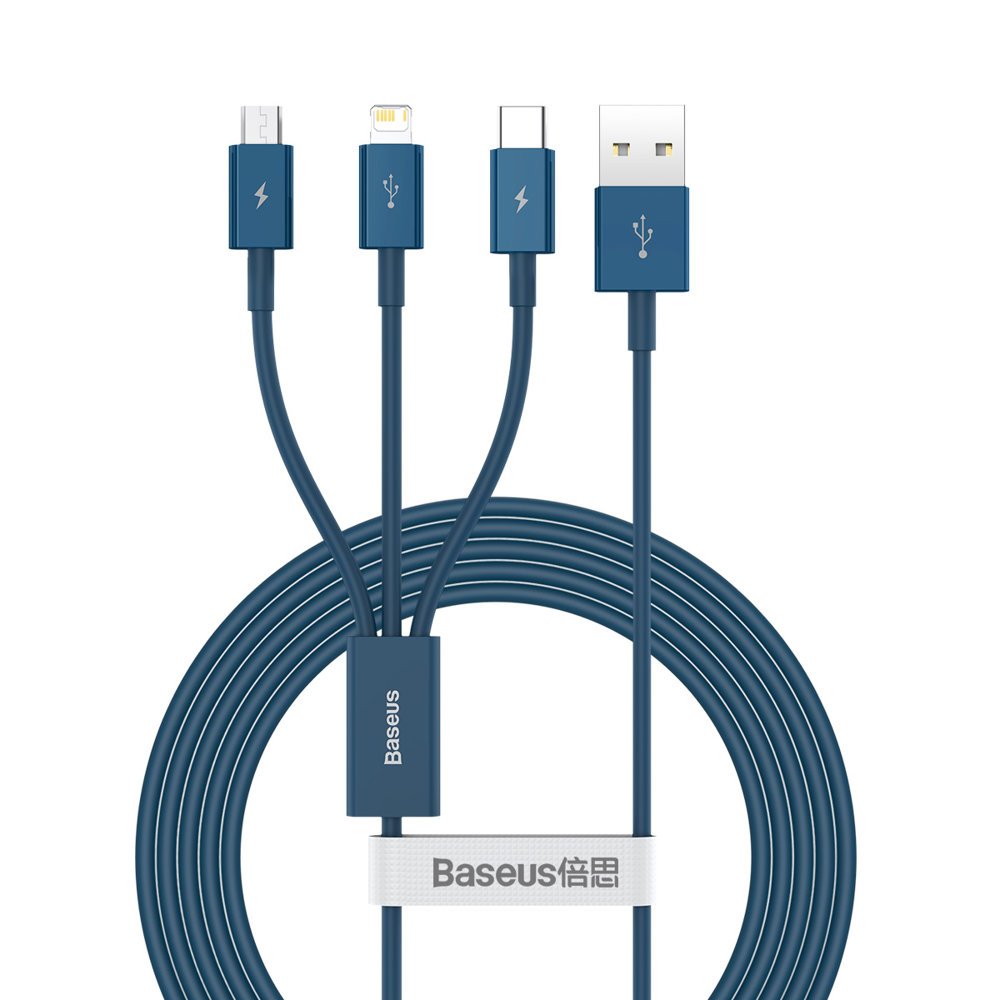Latauskaapeli USB-A - Lightning / microUSB / USB-C Baseus Superior 3in1 Series, 20W, 1.5m, sininen CAMLTYS-03