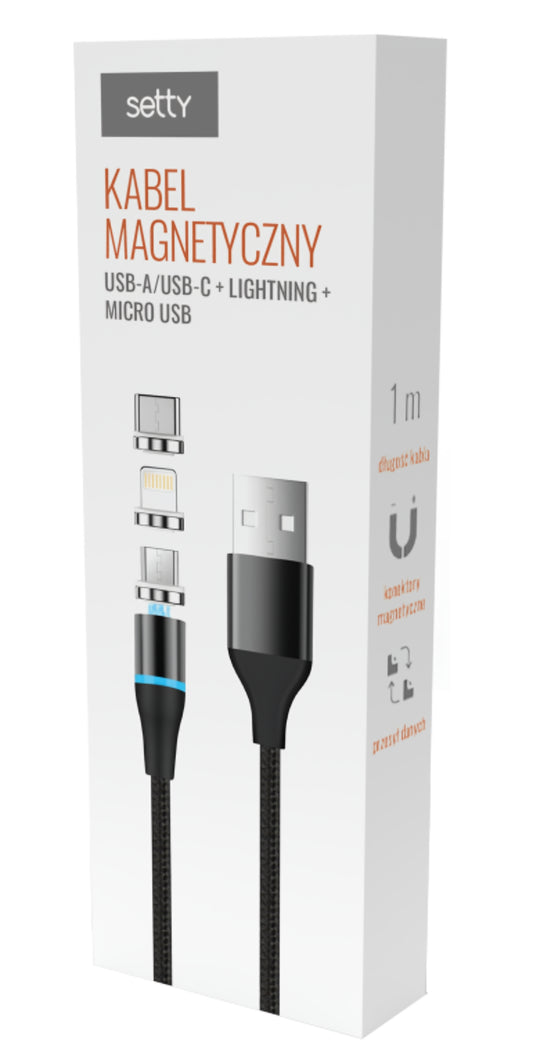 USB-A - Lightning / microUSB / USB-C Setty Magnetic DT 3in1 -latauskaapeli, 12.5W, 1m, Musta