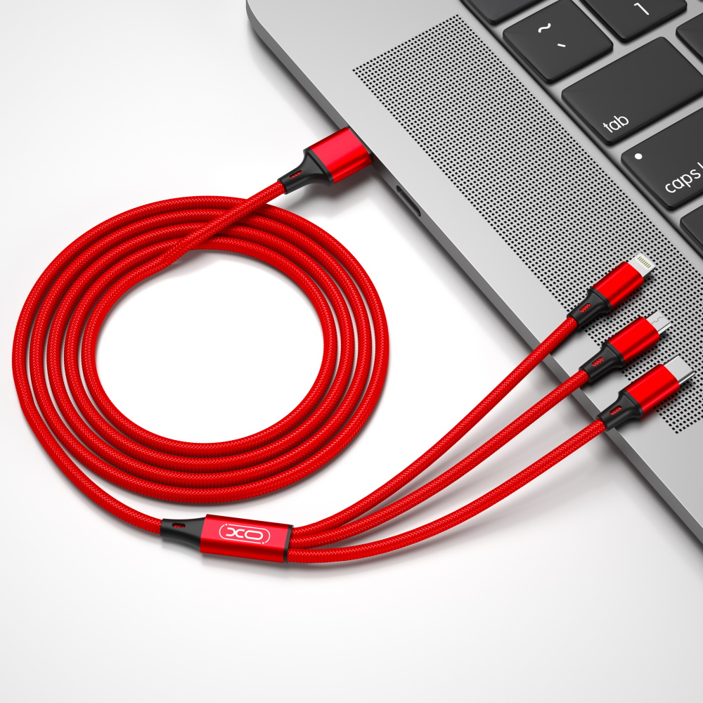 USB-A - Lightning / microUSB / USB-C -latauskaapeli XO Design NB173 3in1, 18W, 1.2m, Punainen