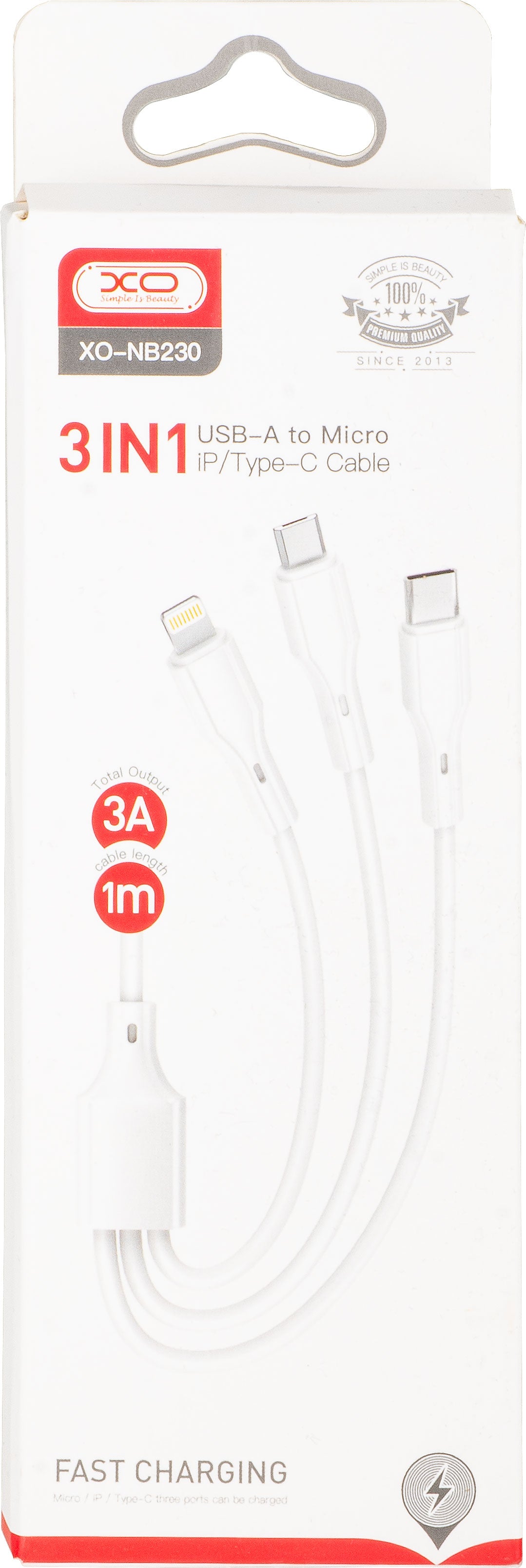 USB-A - Lightning / microUSB / USB-C XO Design NB230 3in1 latauskaapeli, 20W, 1m, Valkoinen