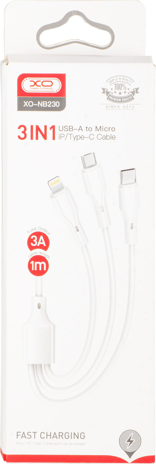 USB-A - Lightning / microUSB / USB-C XO Design NB230 3in1 latauskaapeli, 20W, 1m, Valkoinen