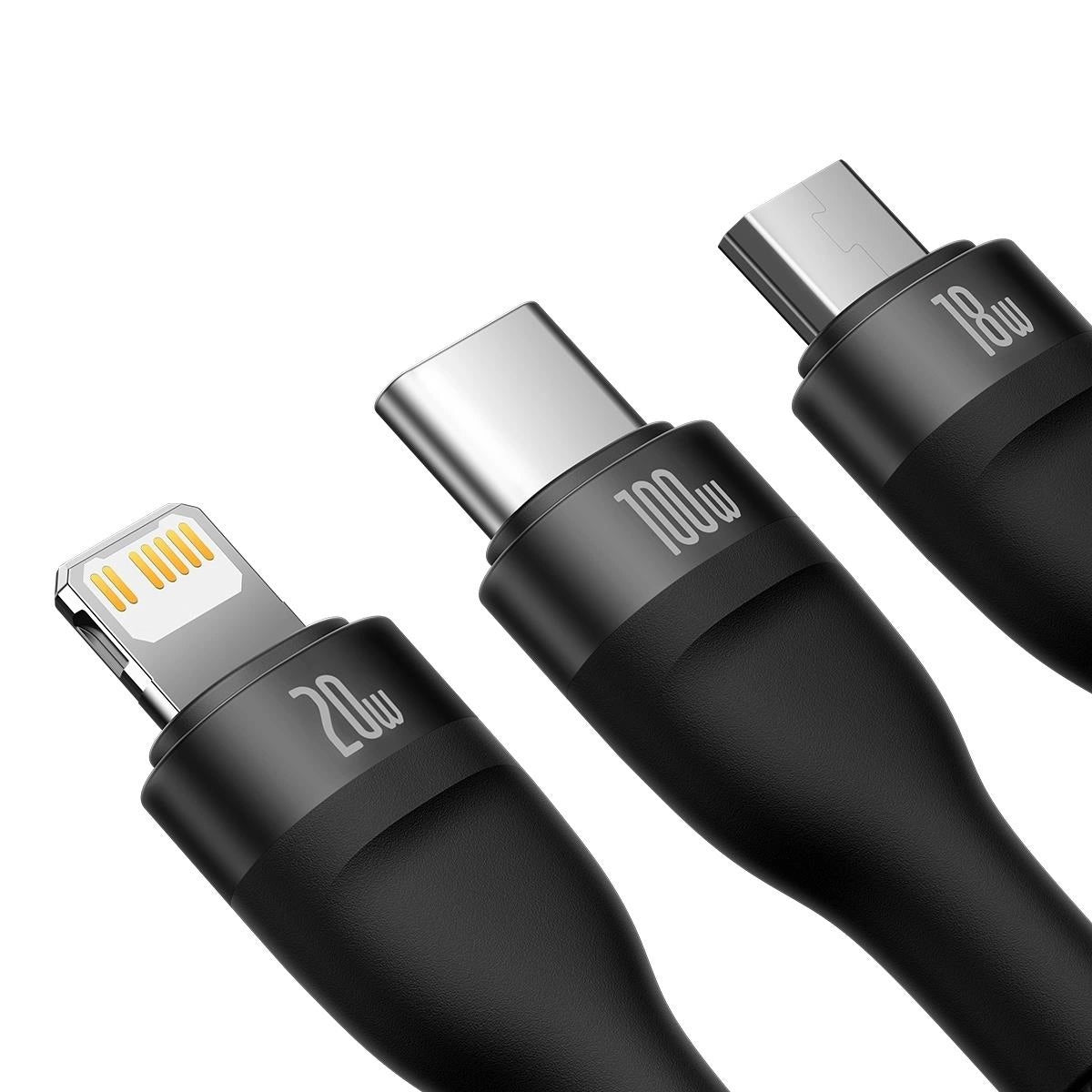 USB-A / USB-C - Lightning / microUSB / USB-C Baseus Flash Series II 3in1 -latauskaapeli, 100W, 1.2m, Musta CASS030101