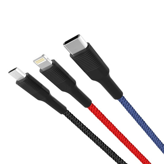 USB-A - Lightning / microUSB / USB-C -latauskaapeli XO Design NB54, 18W, 1.2m, Monivärinen