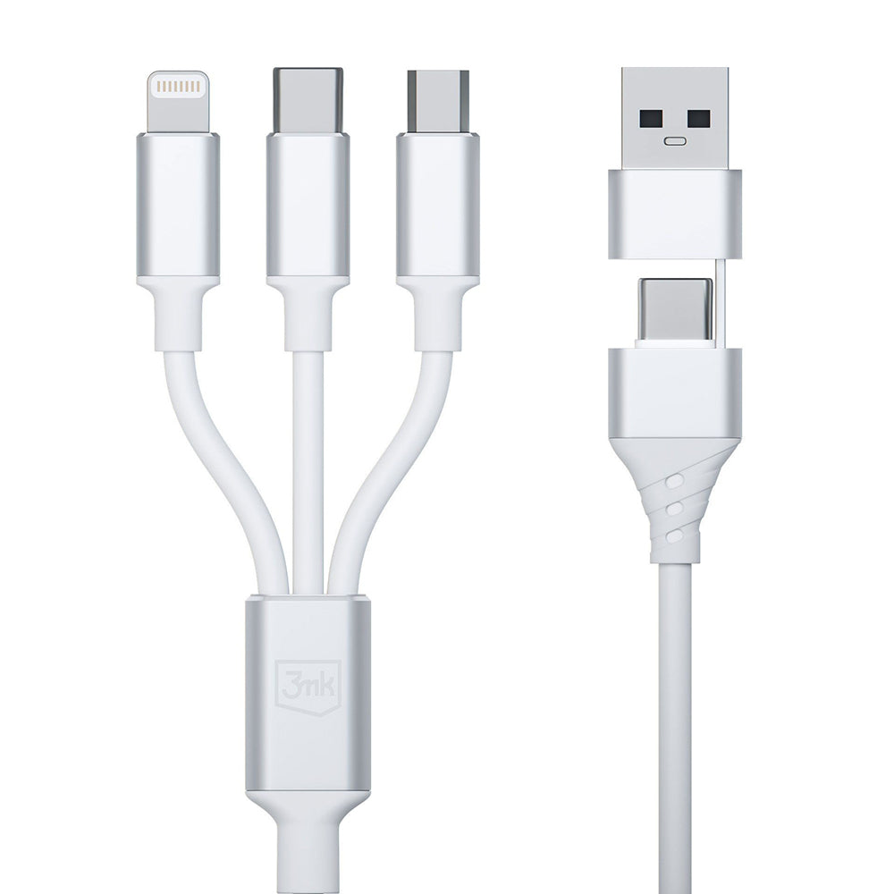USB-A / USB-C - Lightning / microUSB / USB-C 3MK Hyper 3in1 -latauskaapeli, 12W, 1.5m, Valkoinen