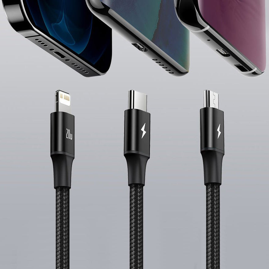 USB-C - Lightning / microUSB / USB-C Baseus Rapid 3in1 -latauskaapeli, 20W, 1.5m, Musta CAMLT-SC01