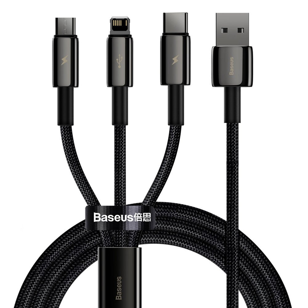 USB-A - Lightning / microUSB / USB-C Baseus Tungsten Gold 3in1 -latauskaapeli, 18W, 1.5m, Musta CAMLTWJ-01