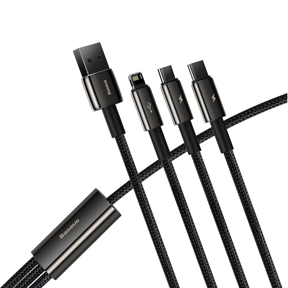 USB-A - Lightning / microUSB / USB-C Baseus Tungsten Gold 3in1 -latauskaapeli, 18W, 1.5m, Musta CAMLTWJ-01