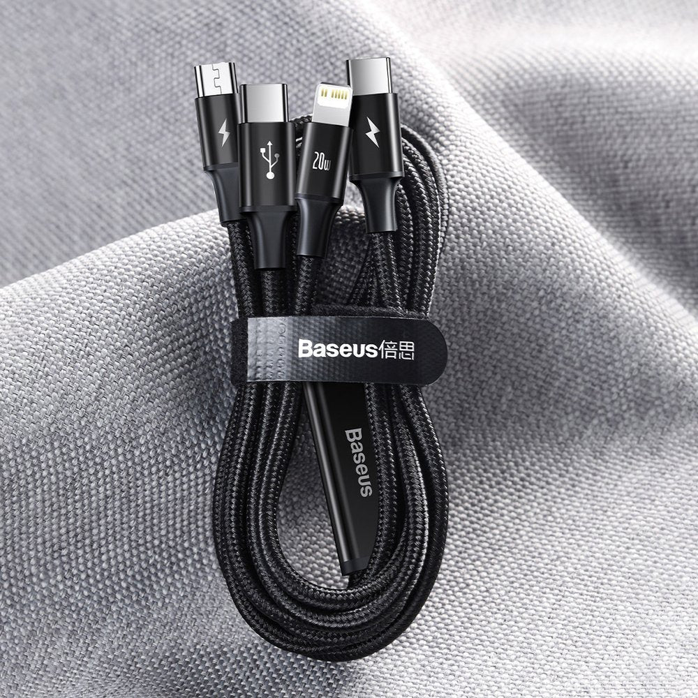 USB-C - Lightning / microUSB / USB-C Baseus Rapid 3in1 -latauskaapeli, 20W, 1.5m, Musta CAMLT-SC01