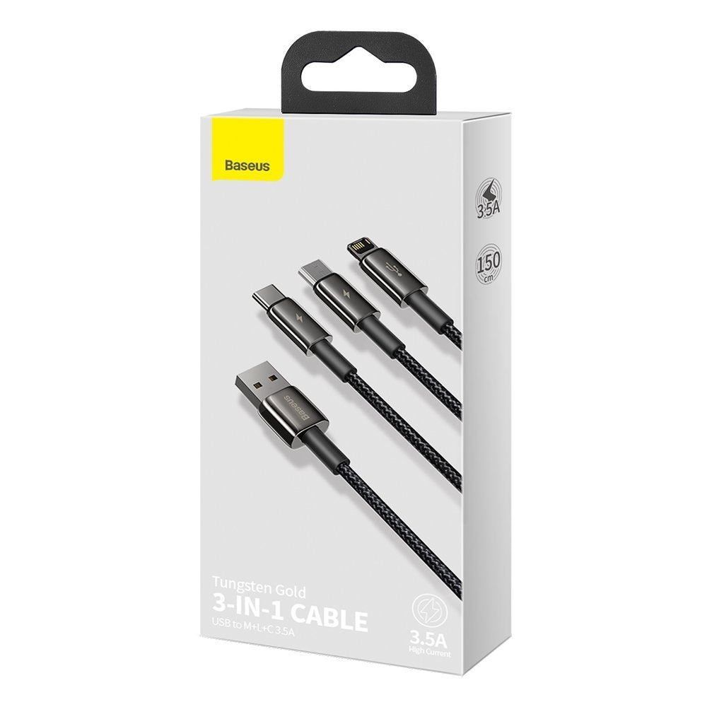 USB-A - Lightning / microUSB / USB-C Baseus Tungsten Gold 3in1 -latauskaapeli, 18W, 1.5m, Musta CAMLTWJ-01