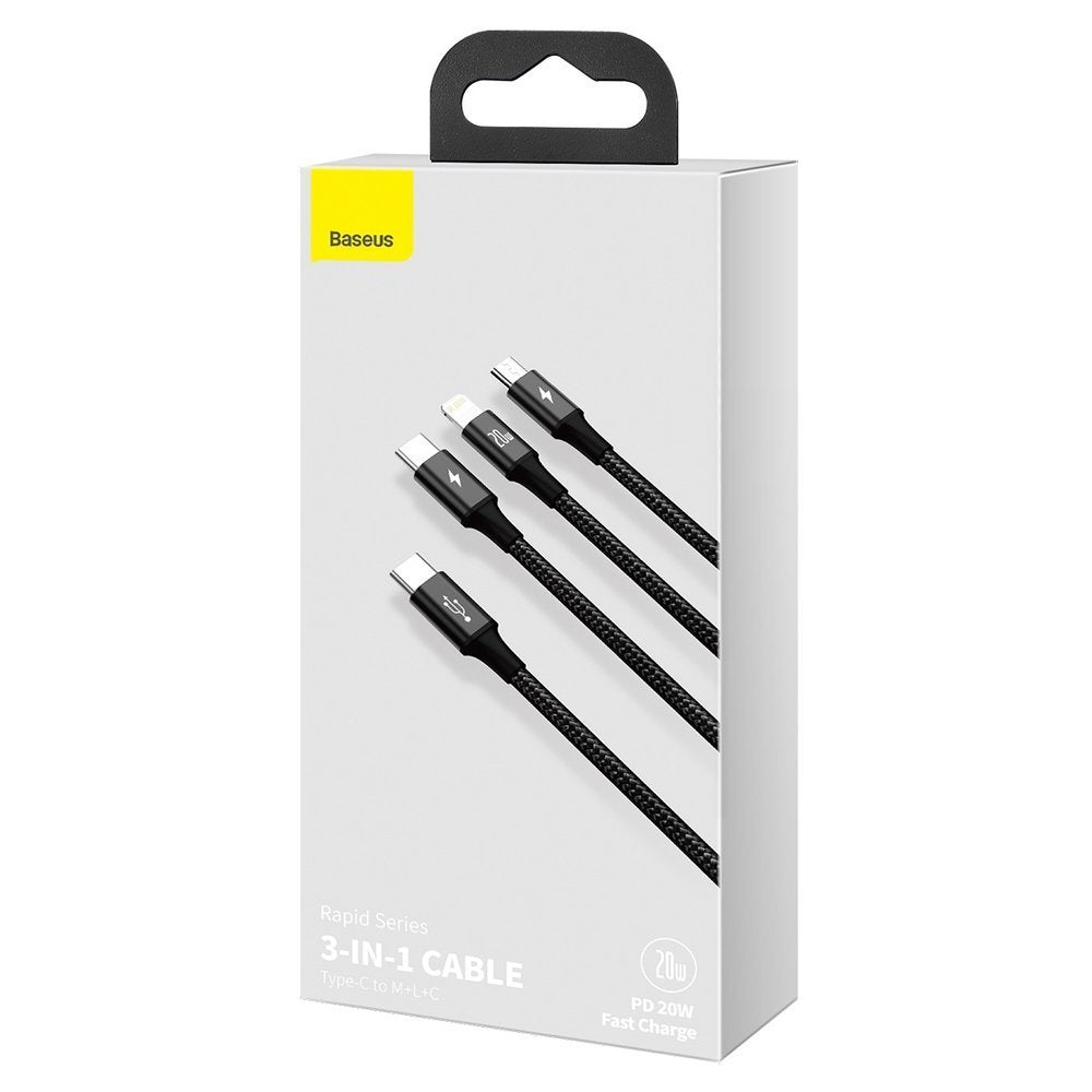 USB-C - Lightning / microUSB / USB-C Baseus Rapid 3in1 -latauskaapeli, 20W, 1.5m, Musta CAMLT-SC01