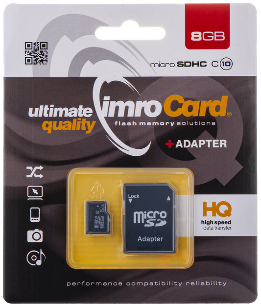 microSDHC-muistikortti Imro, 8Gb, luokka 10, MicroSD10/8G-sovittimen kanssa