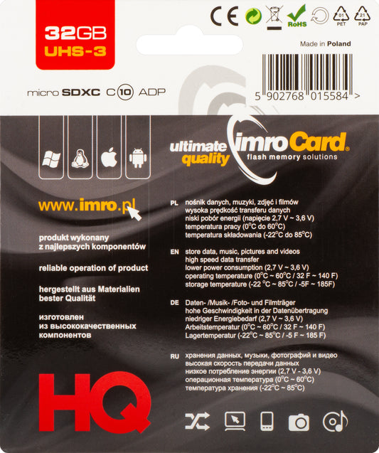 Imro microSDHC-muistikortti, 32 Gt, Luokka 10 / UHS-1 U3, sovittimella
