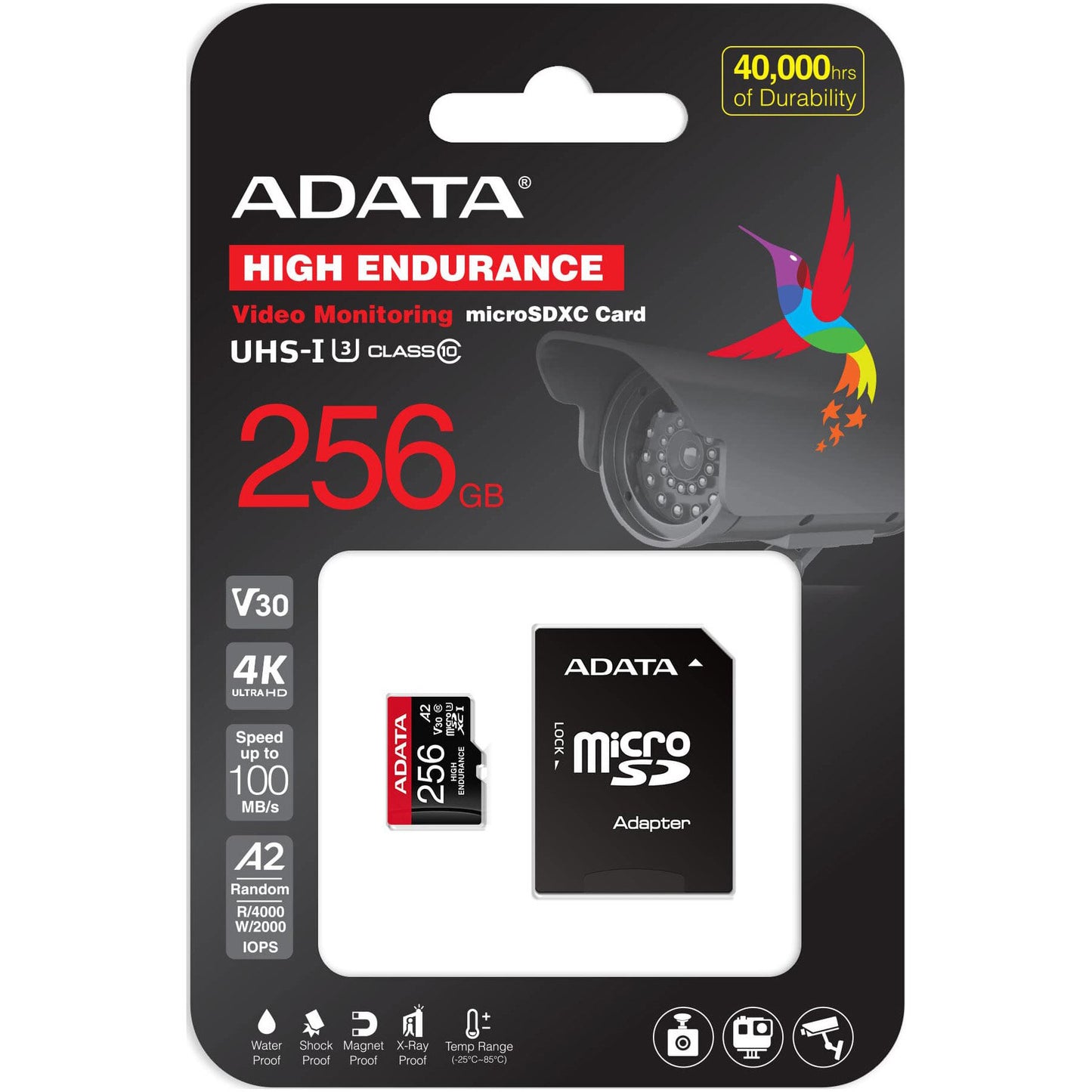 Adata High Endurance microSDXC -muistikortti, 256 Gt, Luokka 10 / UHS-1 U3, sovittimella AUSDX256GUI3V30SHA2-RA1
