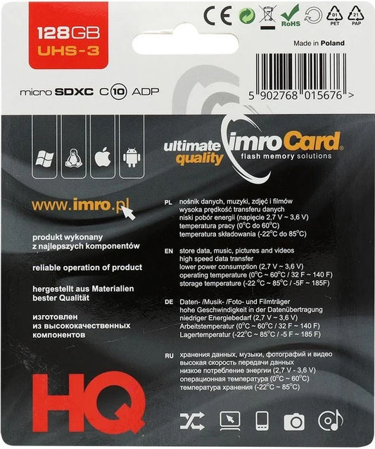Imro microSDXC-muistikortti, 128 Gt, Luokka 10 / UHS-1 U3, sovittimen kanssa