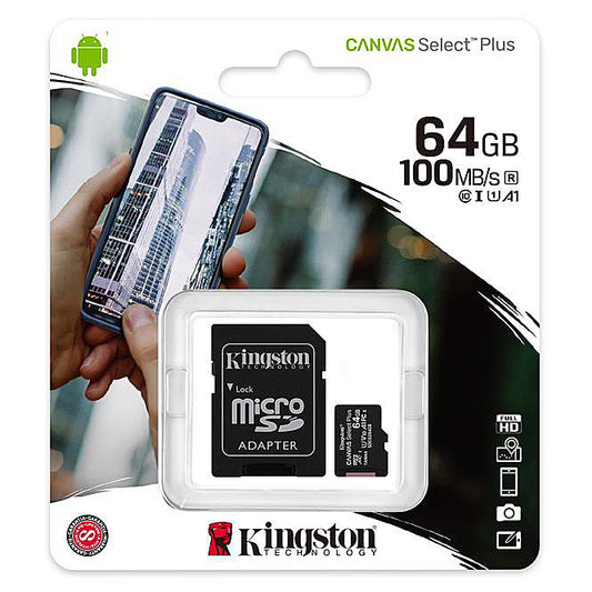 Kingston Canvas Canvas Select Plus Android A1, 64Gb, Class 10 / UHS-1 U1, microSDXC-muistikortti Kingston Canvas Select Plus Android A1, 64Gb, Class 10 / UHS-1 U1, SDCS2/64GB-sovittimen kanssa