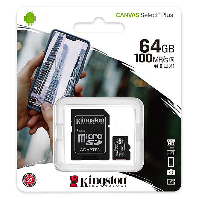 Kingston Canvas Select Plus Android A1 microSDXC-muistikortti, 64 Gt, Luokka 10 / UHS-1 U1, sovittimella SDCS2/64GB